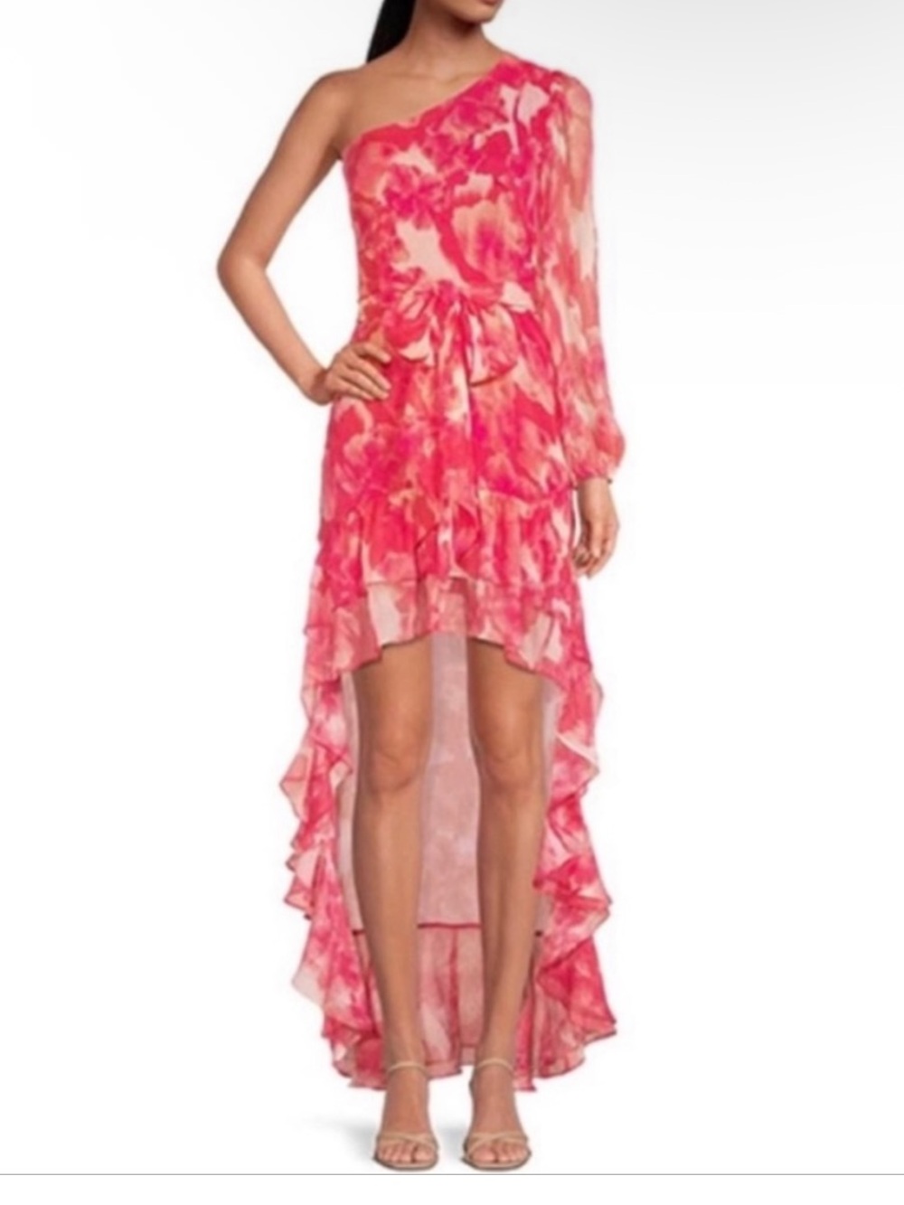 Gianni Bini pink orange floral one shoulder flowy gown dress size 10
